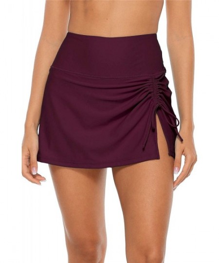 Bottoms Women Swim Skirt Drawstrings Sides Swim Shorts Bathing Suit Skirted Swimsuit Bottom - Wine Red - CX195NHTZ04