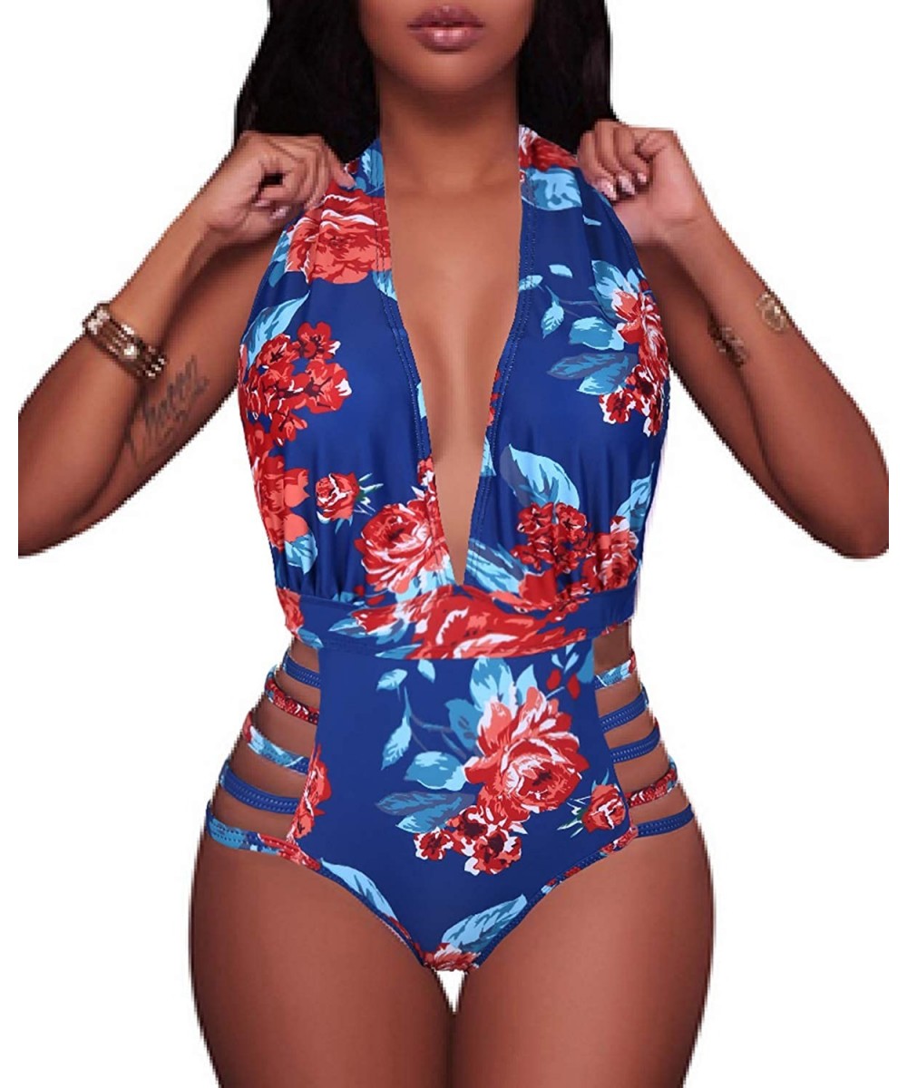 One-Pieces Women Sexy One Piece Swimsuits Halter Plunge V Neck Cutout Bathing Suits - Blue Floral - CO192074KXY