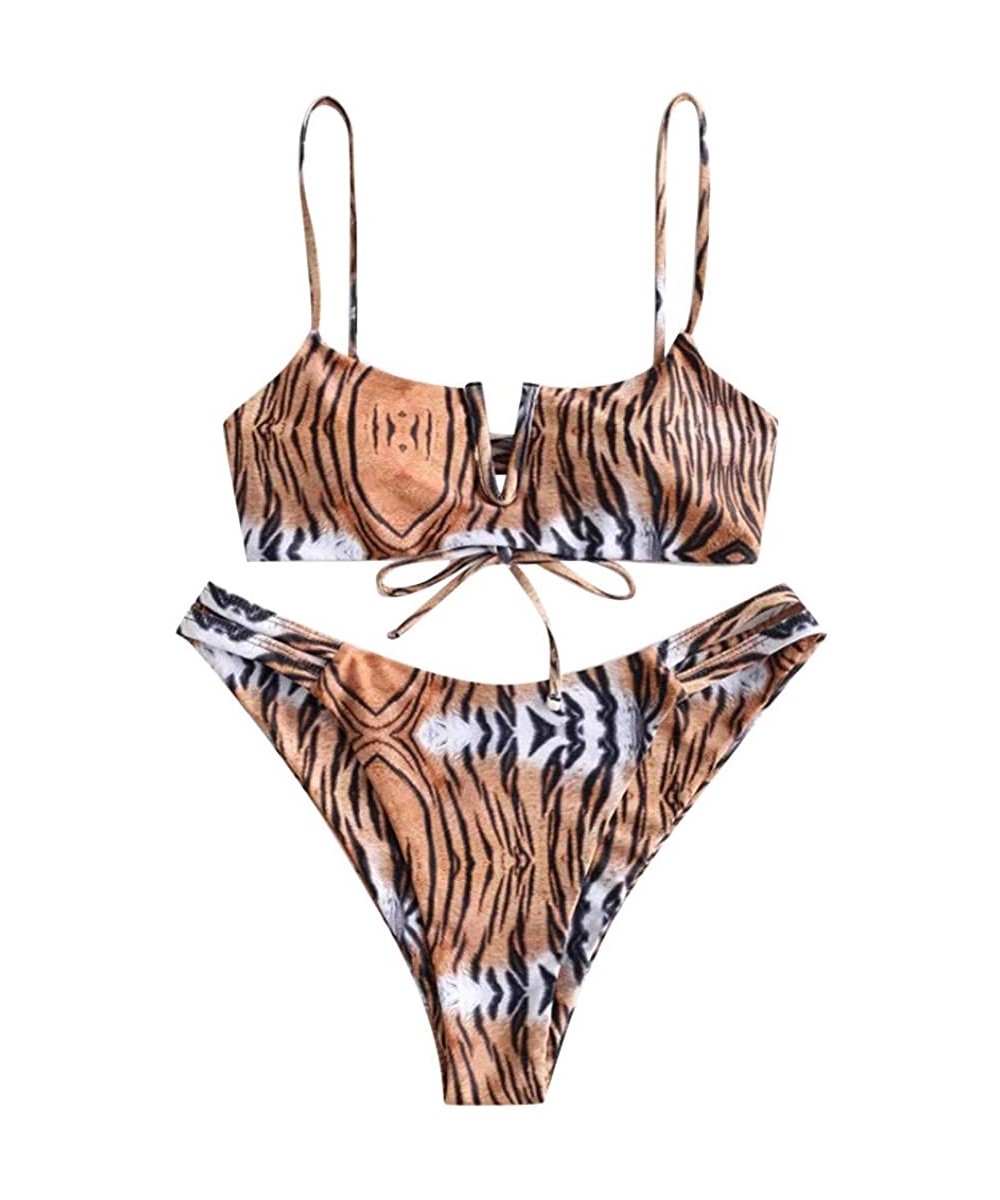 Sets Women Snakeskin Leopard Print Bikini Set High Cut Sexy Swimsuit Two Piece Bathing Suit - Orange - CK196DDN2X9