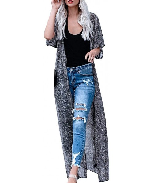 Cover-Ups Womens Floral Long Kimono Cardigan Lotus Chiffon Coat Tops Cover Up Beach Smock - Black Floral Long Kimono - CB18UO...