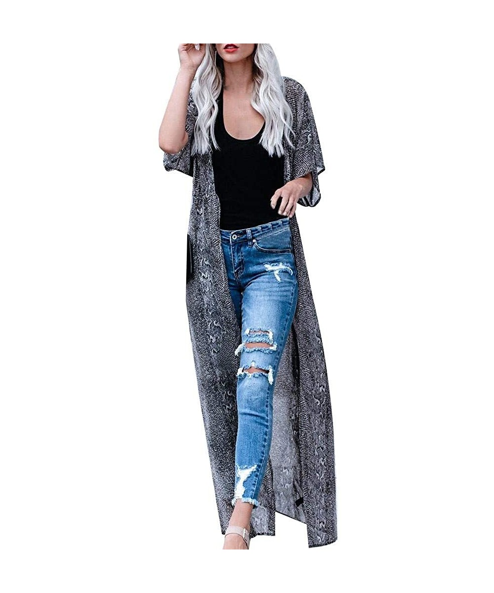 Cover-Ups Womens Floral Long Kimono Cardigan Lotus Chiffon Coat Tops Cover Up Beach Smock - Black Floral Long Kimono - CB18UO...