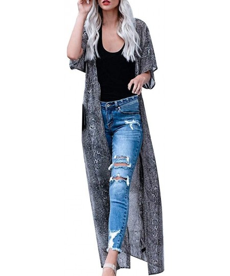 Cover-Ups Womens Floral Long Kimono Cardigan Lotus Chiffon Coat Tops Cover Up Beach Smock - Black Floral Long Kimono - CB18UO...