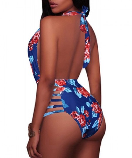 One-Pieces Women Sexy One Piece Swimsuits Halter Plunge V Neck Cutout Bathing Suits - Blue Floral - CO192074KXY