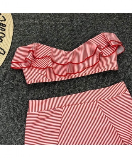 Sets Women Split Irregular Striped Ruffled Strapless High Waist Swimsuits Bikini Set - Striped Red - C218TWUADAT