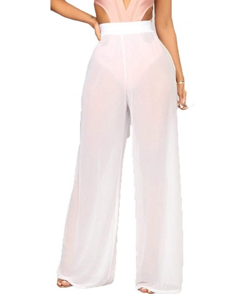 Cover-Ups Women See Throug Mesh Flare Cover up Pants Swimsuit Bikini Bottom Cover up Elastic Waist Wide Leg Palazzo Trousers ...