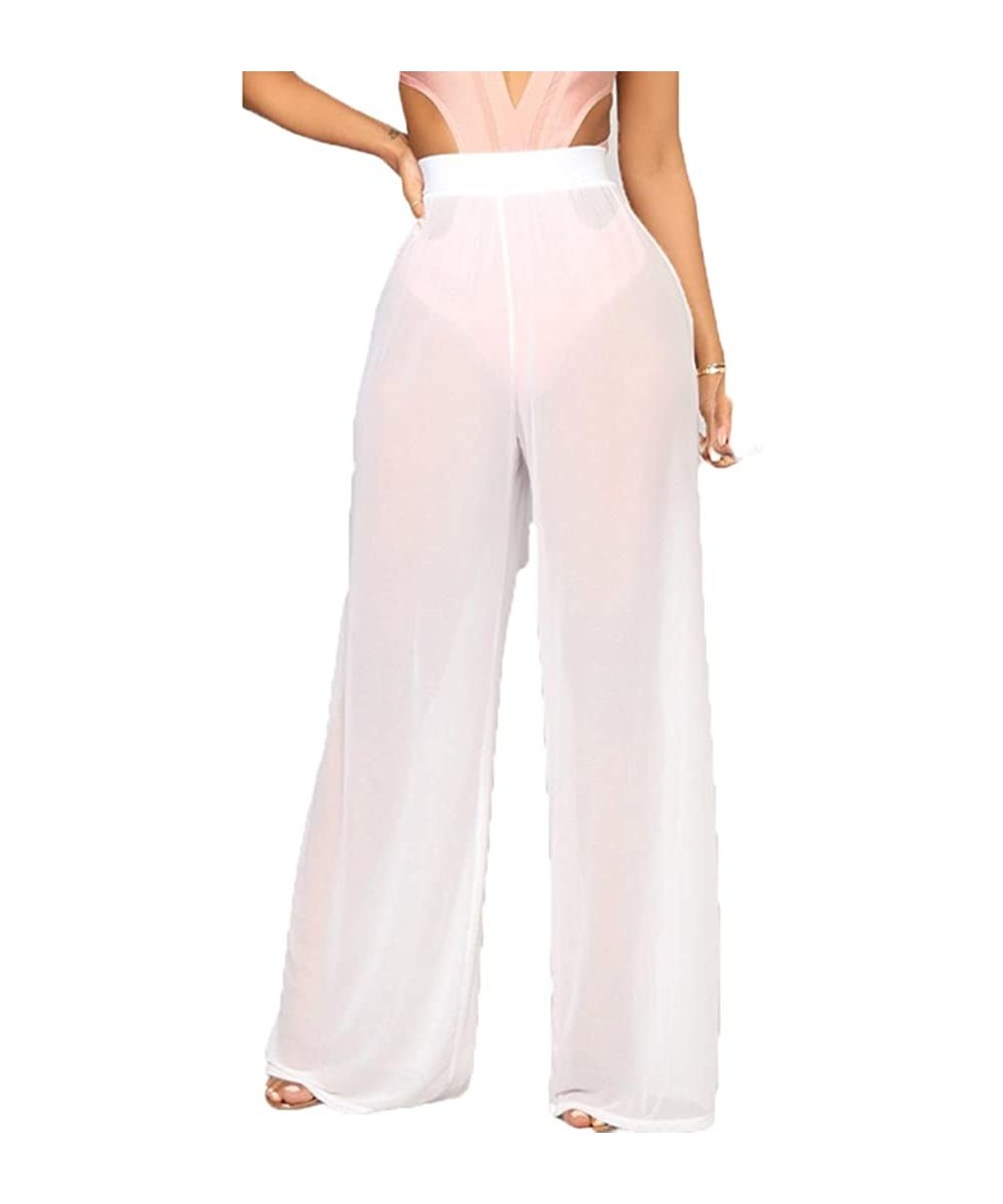 Cover-Ups Women See Throug Mesh Flare Cover up Pants Swimsuit Bikini Bottom Cover up Elastic Waist Wide Leg Palazzo Trousers ...