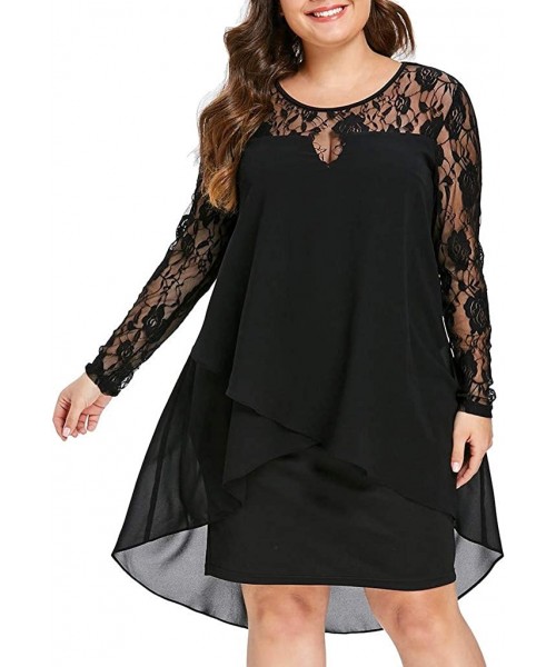 Racing Women's Casual Plus Size Sheer Lace Sleeve High Low Hem O Neck Swing Dress Elegant Floral Lace Shirt Dress Black - CC1...