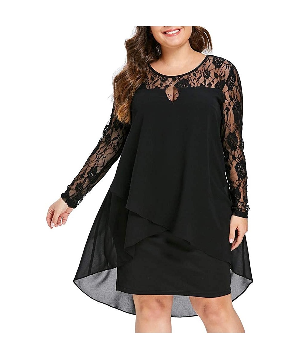 Racing Women's Casual Plus Size Sheer Lace Sleeve High Low Hem O Neck Swing Dress Elegant Floral Lace Shirt Dress Black - CC1...