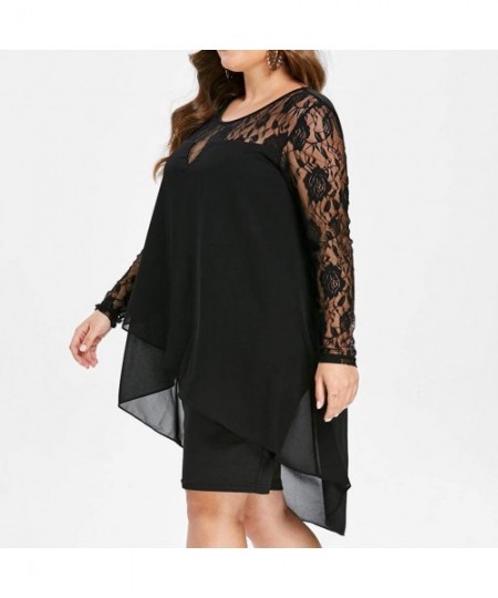 Racing Women's Casual Plus Size Sheer Lace Sleeve High Low Hem O Neck Swing Dress Elegant Floral Lace Shirt Dress Black - CC1...