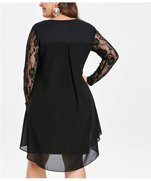 Racing Women's Casual Plus Size Sheer Lace Sleeve High Low Hem O Neck Swing Dress Elegant Floral Lace Shirt Dress Black - CC1...