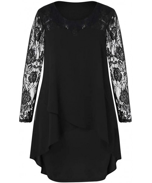 Racing Women's Casual Plus Size Sheer Lace Sleeve High Low Hem O Neck Swing Dress Elegant Floral Lace Shirt Dress Black - CC1...