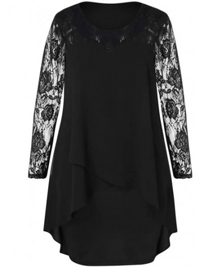 Racing Women's Casual Plus Size Sheer Lace Sleeve High Low Hem O Neck Swing Dress Elegant Floral Lace Shirt Dress Black - CC1...