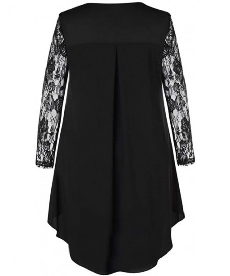 Racing Women's Casual Plus Size Sheer Lace Sleeve High Low Hem O Neck Swing Dress Elegant Floral Lace Shirt Dress Black - CC1...