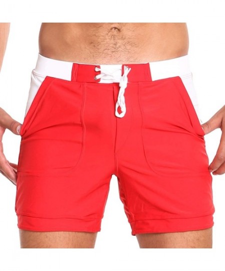 Briefs Men Swimwear Swimsuits Solid Basic Long Swim Boxer Trunks Board Shorts - Red - CY18HQQ7W2C