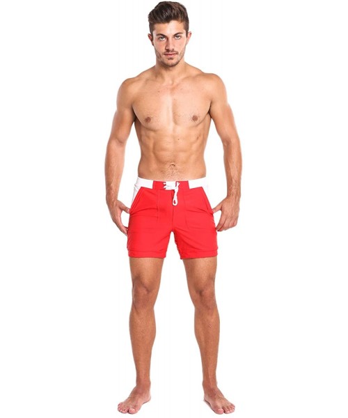 Briefs Men Swimwear Swimsuits Solid Basic Long Swim Boxer Trunks Board Shorts - Red - CY18HQQ7W2C