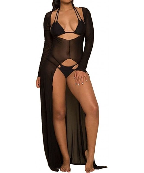 Cover-Ups Women's Long Sleeve Mesh See Through Slit Split Maxi Dress Long Cover Up - Black - C9184X0SNNQ