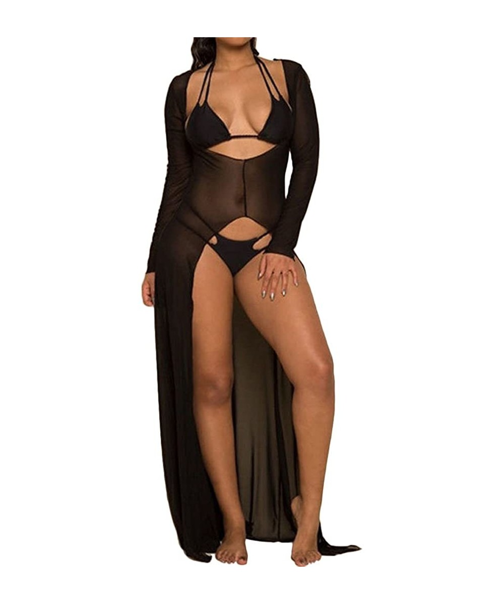 Cover-Ups Women's Long Sleeve Mesh See Through Slit Split Maxi Dress Long Cover Up - Black - C9184X0SNNQ