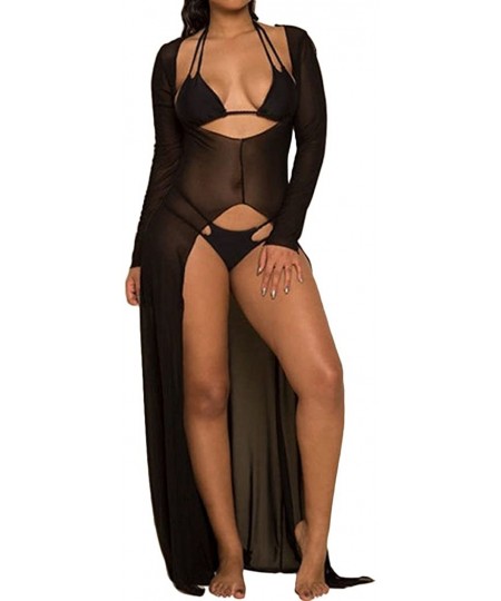 Cover-Ups Women's Long Sleeve Mesh See Through Slit Split Maxi Dress Long Cover Up - Black - C9184X0SNNQ