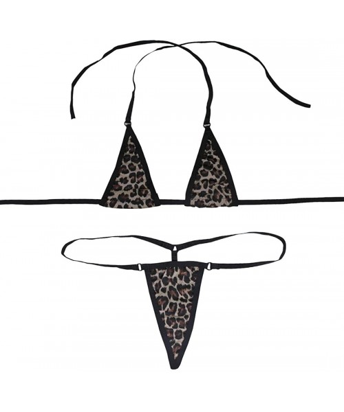 Sets Women's Brazilian Bikini 2 Pieces Halter Sliding Bra Top G-String Thong Set Micro Swimsuit - Leopard Print - CE19723DKU6