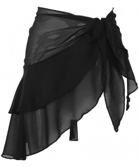 Cover-Ups Cover Up- Chiffon Beach Cover up Sarong Multi Wear Ruffle Swimsuit Wrap for Women - Black - C419C96ZCEW