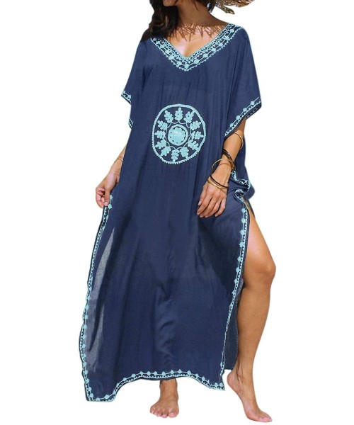 Cover-Ups Womens Sexy V Neck Kaftans Maxi Long Beach Cover up Dress - 002-dark Blue - CN196QQXAG3