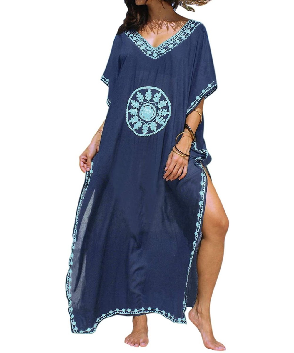 Cover-Ups Womens Sexy V Neck Kaftans Maxi Long Beach Cover up Dress - 002-dark Blue - CN196QQXAG3