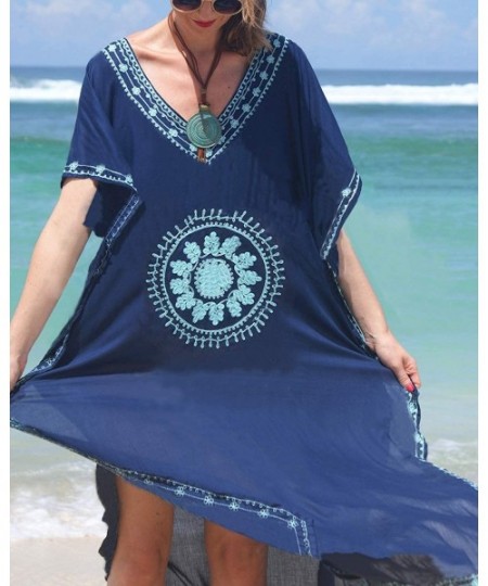 Cover-Ups Womens Sexy V Neck Kaftans Maxi Long Beach Cover up Dress - 002-dark Blue - CN196QQXAG3