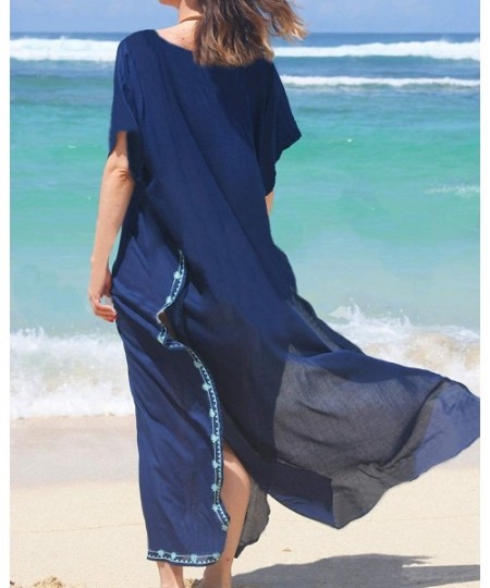 Cover-Ups Womens Sexy V Neck Kaftans Maxi Long Beach Cover up Dress - 002-dark Blue - CN196QQXAG3