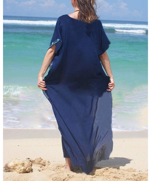 Cover-Ups Womens Sexy V Neck Kaftans Maxi Long Beach Cover up Dress - 002-dark Blue - CN196QQXAG3