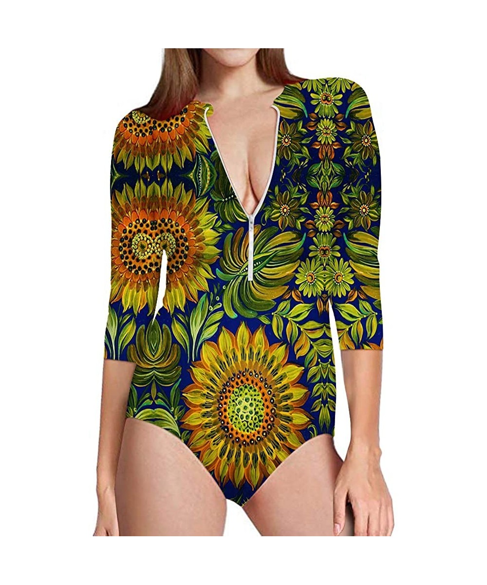 Rash Guards Sunflowr Women's One Piece Swimsuits Long Sleeve UV Protection Surfing Rash Guard Zip Bathing Suit Swimwear - CQ1...