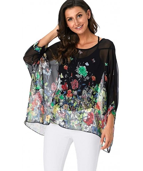 Cover-Ups Women's Bohemian Style Summer Beach Lagenlook Top Kimono Loose Waterfall Chiffon Kaftan Poncho Shirt Butterflies Fl...