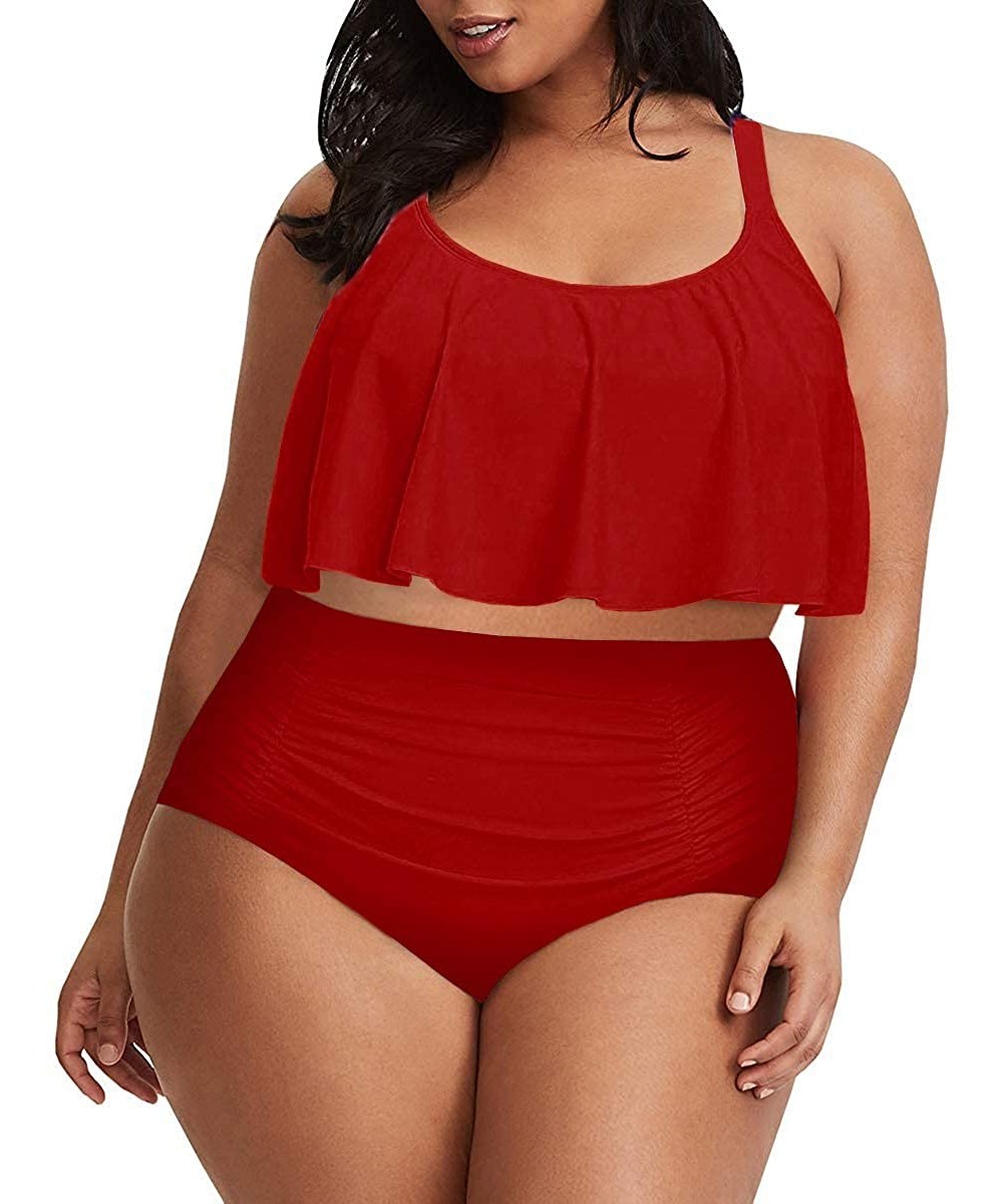 Sets Womens 2 Piece Plus Size Swimwear Ruffle Tankini Tops High Waisted Tummy Control Bottom Solid Swimsuits - 2 Red - CP196N...