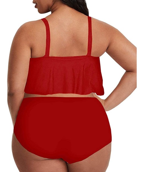 Sets Womens 2 Piece Plus Size Swimwear Ruffle Tankini Tops High Waisted Tummy Control Bottom Solid Swimsuits - 2 Red - CP196N...