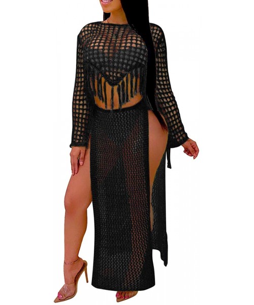 Cover-Ups Women's Hollow Out Cover Up 2 Piece Beachwear Crop Top High Slit Long Maxi Skirt Dress - 1-black - CD18RAS4NT3