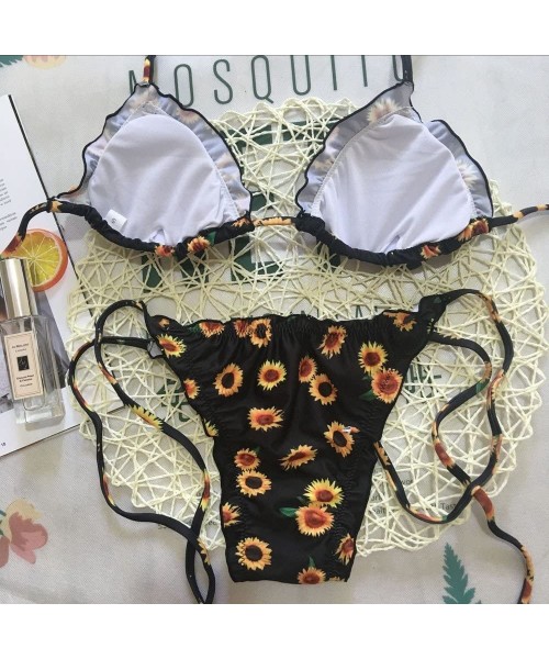 Sets Women's Bikini Set Sun Flower Printing Tie Side Bottom Ruffle Brazilian Push Up Two Piece Swimwear Swimsuit Black - CO19...