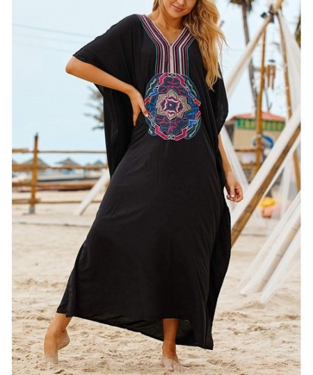 Cover-Ups Women Loose Kaftan Swimsuit Cover Up Beach Long Casual Caftan Dress - Black2 - CG18NK9RU2A