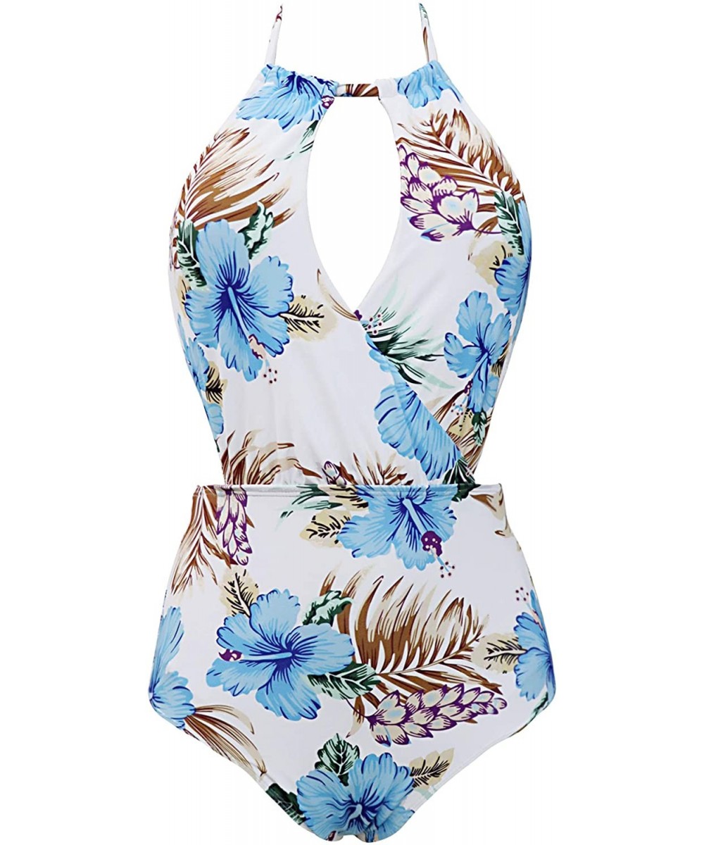 One-Pieces Women's Neckline High Waisted Swimsuit One Piece Monokini Swimwear(FBA) - Blue Floral - CS18I6E8HZR