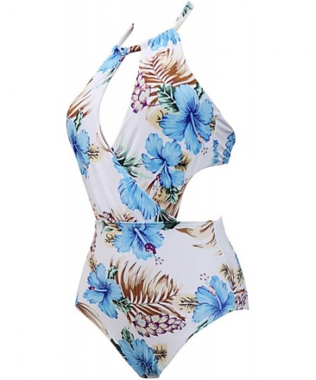 One-Pieces Women's Neckline High Waisted Swimsuit One Piece Monokini Swimwear(FBA) - Blue Floral - CS18I6E8HZR