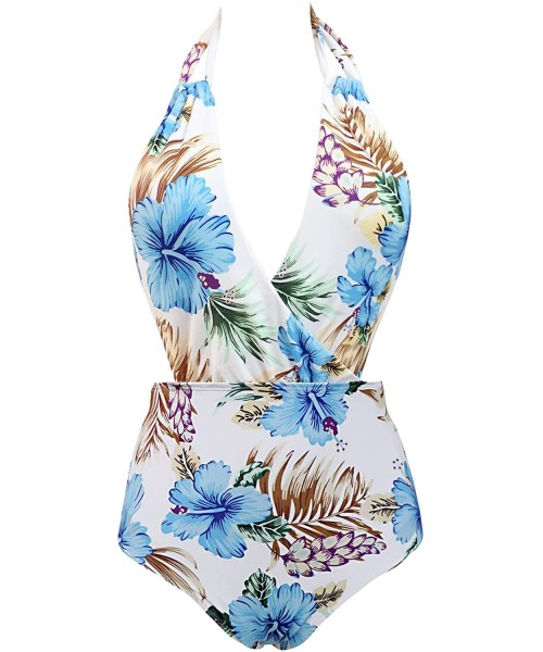 One-Pieces Women's Neckline High Waisted Swimsuit One Piece Monokini Swimwear(FBA) - Blue Floral - CS18I6E8HZR