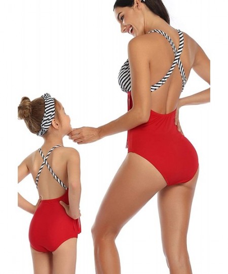 One-Pieces Family Match Swimwear Mom and Me Ruffle Floral Printed One Piece Swimwear Bikini - Red - C8195A27GXD