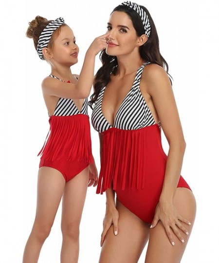 One-Pieces Family Match Swimwear Mom and Me Ruffle Floral Printed One Piece Swimwear Bikini - Red - C8195A27GXD