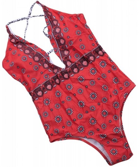 One-Pieces Women Vintage Print Thong Swimsuit One Piece Swimwear Deep v Neck Bathing Suit - K-red - CA18M6L44XG