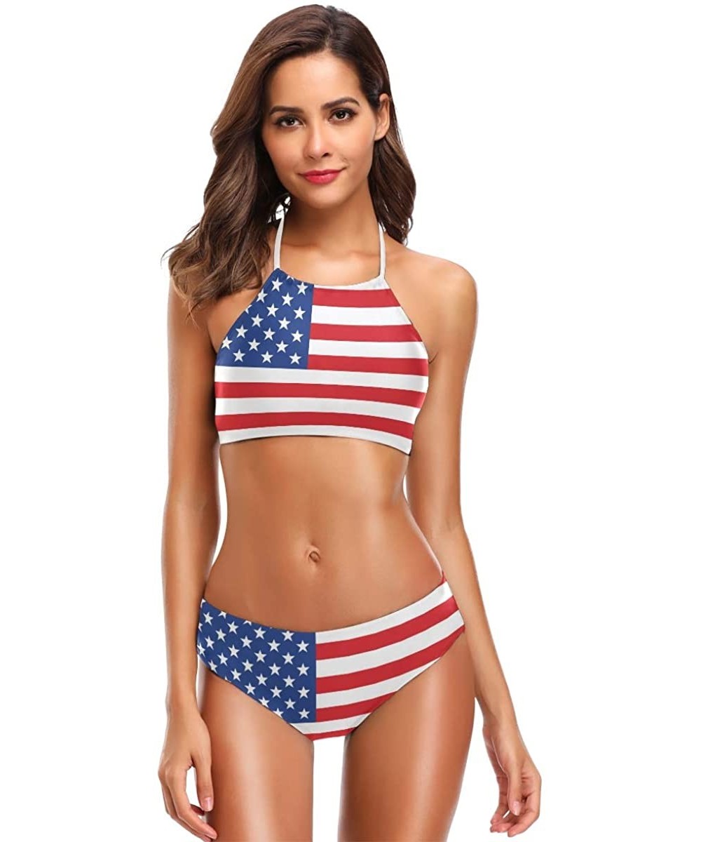 Sets Black and White American Flag Sexy Two Piece Bikini Swimsuit Swimwear Set for Women - American Flag - CX18OM48YT9