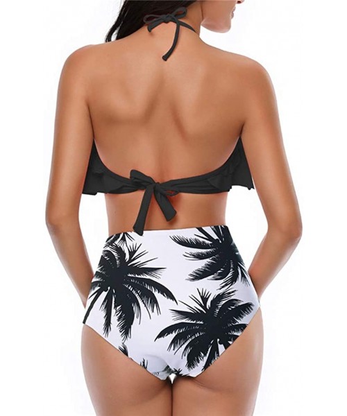 Sets 2Pcs Ruffle Falbala Women Swimsuit Sexy Bikini Bathing Suit for Teen Halter Top Coconut Palm High Waist Bottoms Black - ...