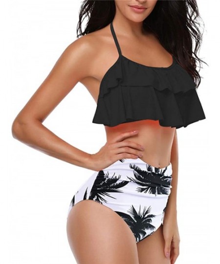 Sets 2Pcs Ruffle Falbala Women Swimsuit Sexy Bikini Bathing Suit for Teen Halter Top Coconut Palm High Waist Bottoms Black - ...