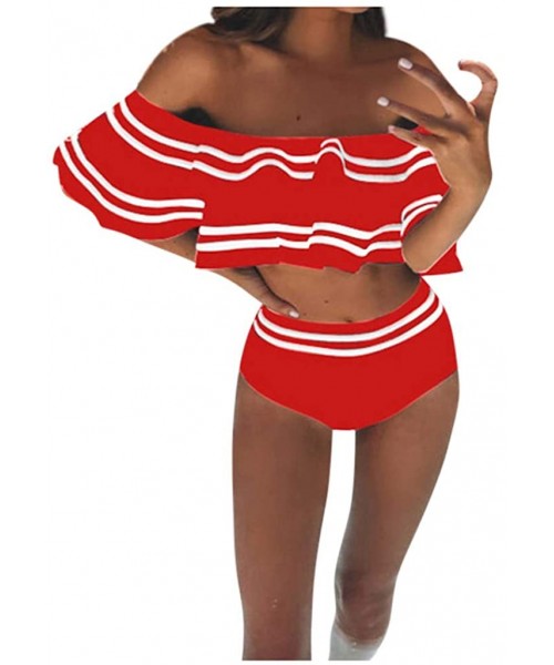 One-Pieces Women Retro Ruffled Off Shoulder Tops with High Waist Bottom 2 Piece Swimsuit Beachwear Swimwear - Red - CM1953OY8CT