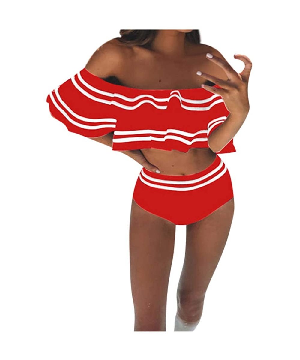 One-Pieces Women Retro Ruffled Off Shoulder Tops with High Waist Bottom 2 Piece Swimsuit Beachwear Swimwear - Red - CM1953OY8CT