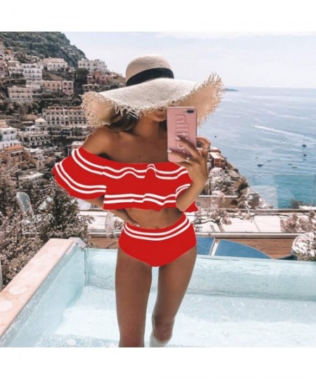 One-Pieces Women Retro Ruffled Off Shoulder Tops with High Waist Bottom 2 Piece Swimsuit Beachwear Swimwear - Red - CM1953OY8CT