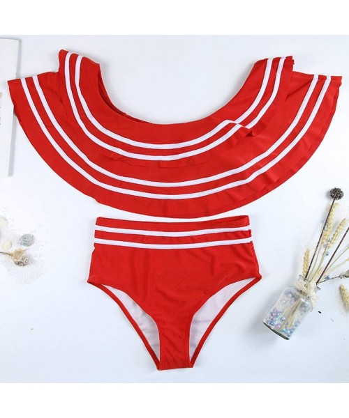 One-Pieces Women Retro Ruffled Off Shoulder Tops with High Waist Bottom 2 Piece Swimsuit Beachwear Swimwear - Red - CM1953OY8CT