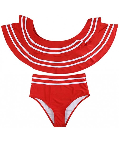 One-Pieces Women Retro Ruffled Off Shoulder Tops with High Waist Bottom 2 Piece Swimsuit Beachwear Swimwear - Red - CM1953OY8CT